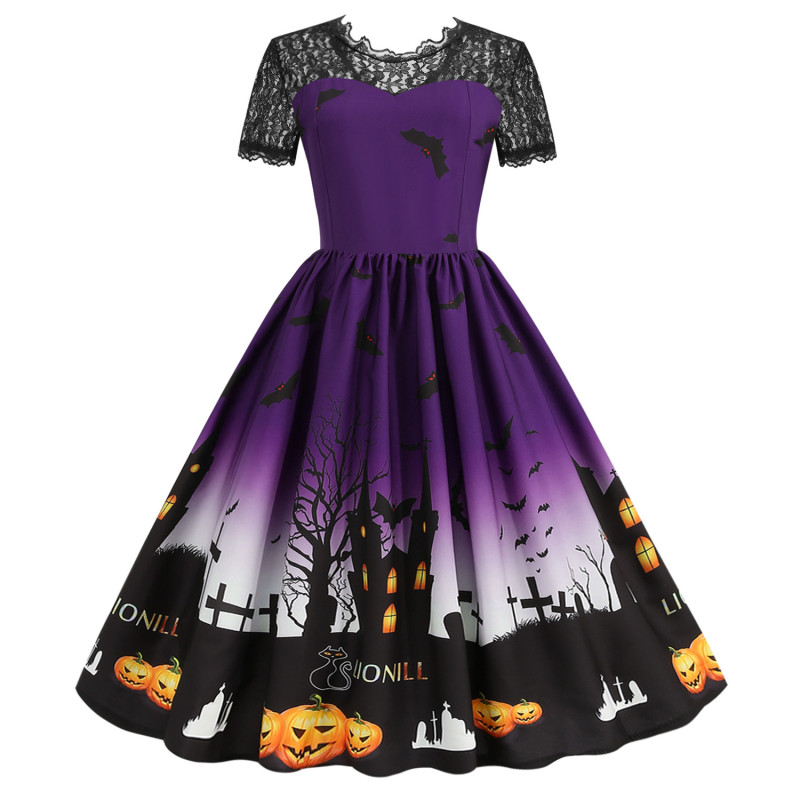 Halloween  Lace Crew Neck Short Sleeve Printed Swing  Vintage Dress