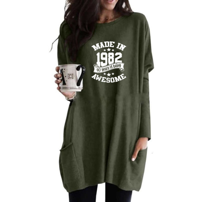 Fashion Letter Print Pocket Casual Long Sleeve T-Shirt