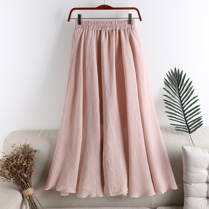Solid Color Fashion Cotton Linen High Waist Casual A-Line Skirt