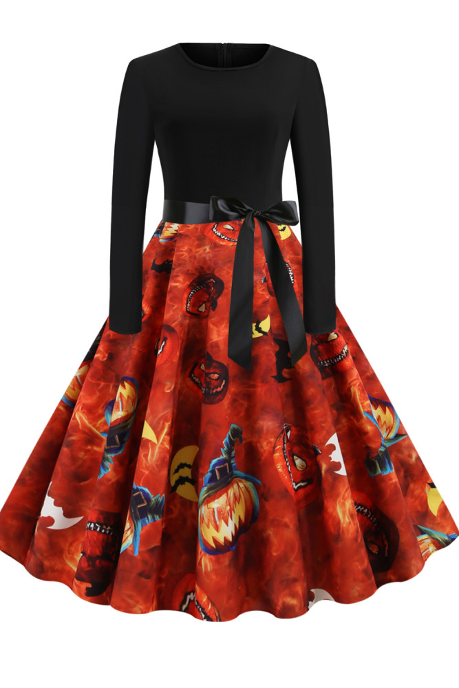 Halloween Fashion Round Neck Long Sleeve Contrast Print Vintage Dress