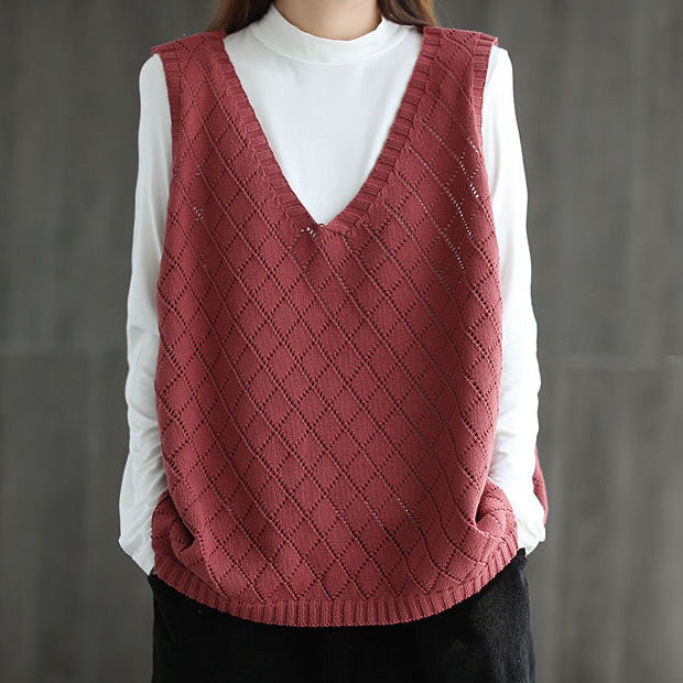 Women's Knitted Vest Retro Literary V-neck Hollowed Out Sweater Vests