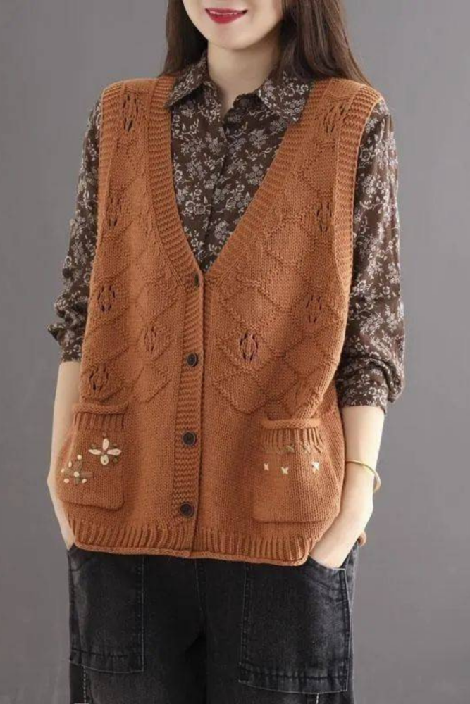 Vintage New Hand Embroidered Pocket Knitted Sweater Vests