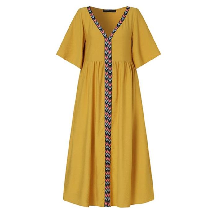 Fashion Solid Color Stitching Casual V-Neck Loose Maxi Dress