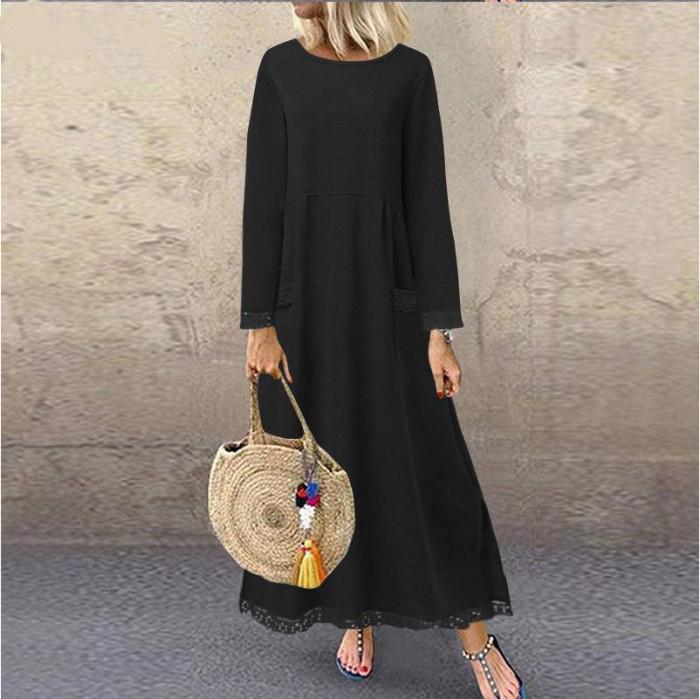 Fashion Lace Fleece Casual Vintage A-Line  Maxi Dress