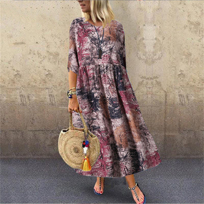 Vintage Floral Casual Fashion Half Sleeve Elegant Loose A-Line  Maxi Dress