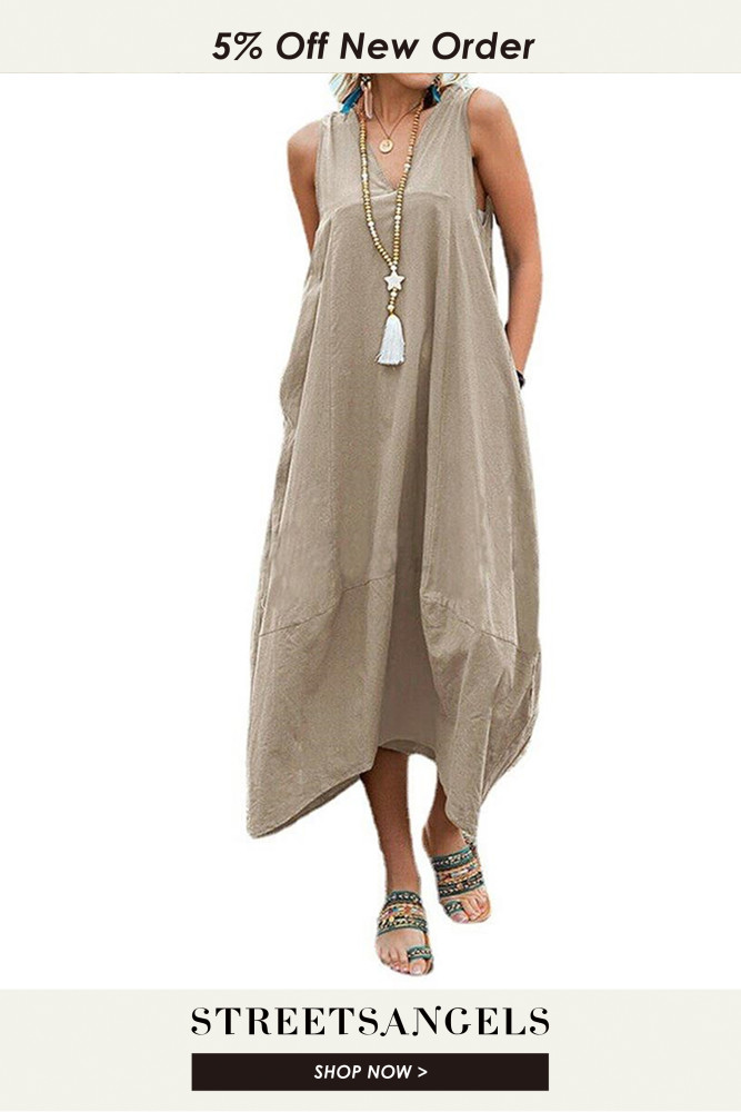 Fashionable Sexy V-Neck Loose Boho Solid Color Sleeveless  Maxi Dress