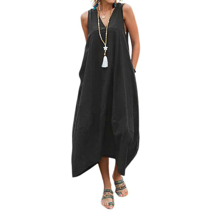 Fashionable Sexy V-Neck Loose Boho Solid Color Sleeveless  Maxi Dress