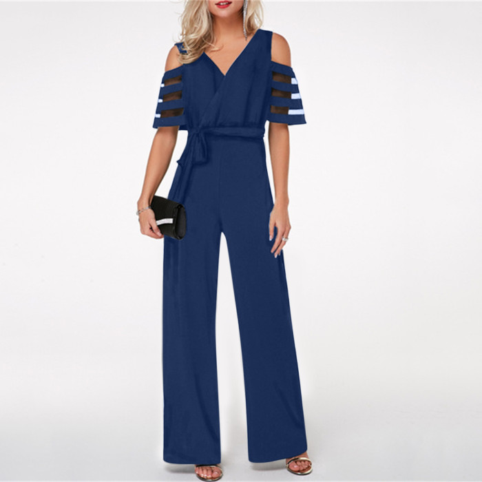 Fashion Sexy Off Shoulder V Neck Loose Elegant Wide Leg  Jumpsuits