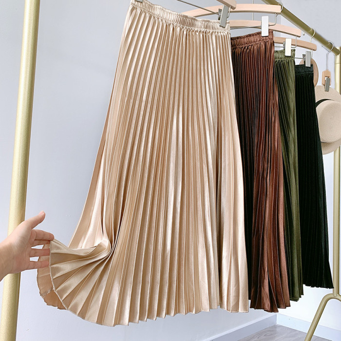 High Waist Satin Pleated Vintage A-Line Mid Length Skirts