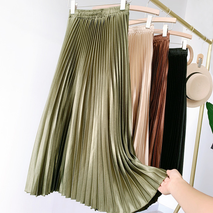 High Waist Satin Pleated Vintage A-Line Mid Length Skirts