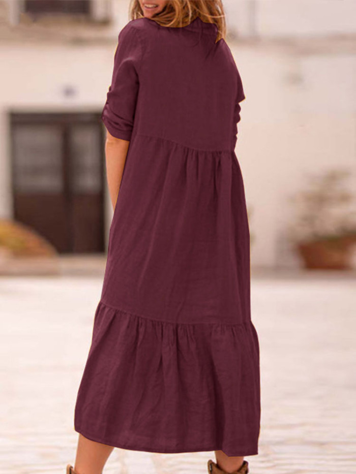 Retro Lapel Fashion Casual Cotton Linen Loose  Midi Dress