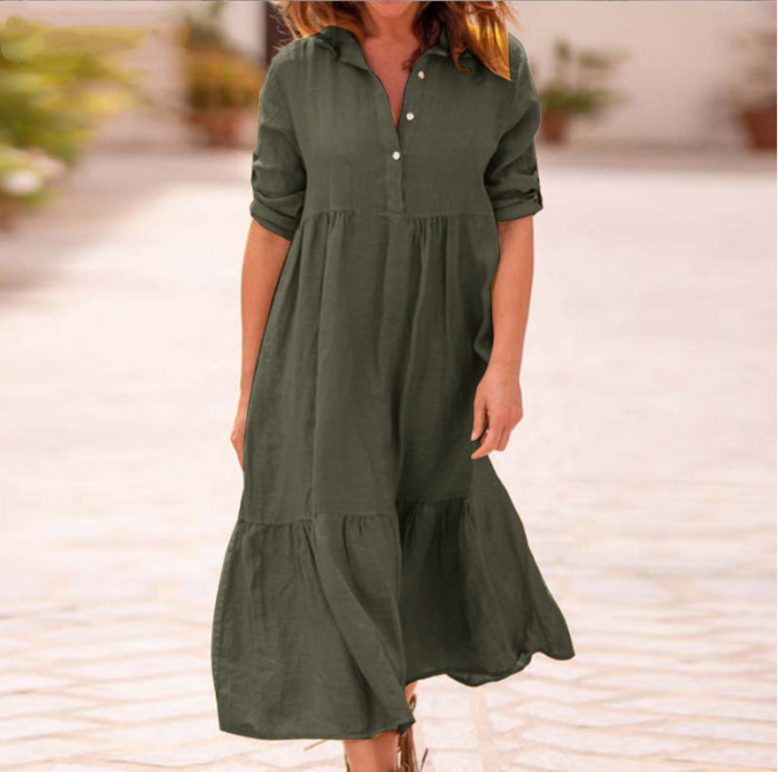 Retro Lapel Fashion Casual Cotton Linen Loose  Midi Dress