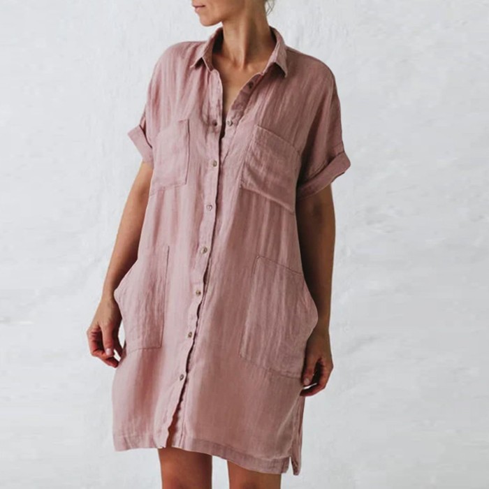 Fashion Cotton Linen Short Sleeve Irregular V Neck  Casual Dress