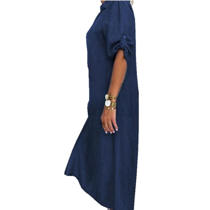 Loose Denim Vintage Half Sleeve V Neck Loose Elegant  Maxi Dress