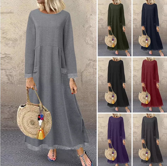 Fashion Lace Fleece Casual Vintage A-Line  Maxi Dress