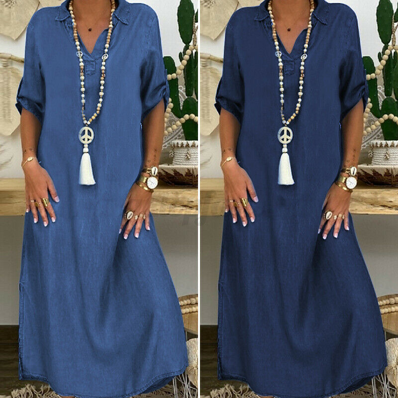 Loose Denim Vintage Half Sleeve V Neck Loose Elegant  Maxi Dress