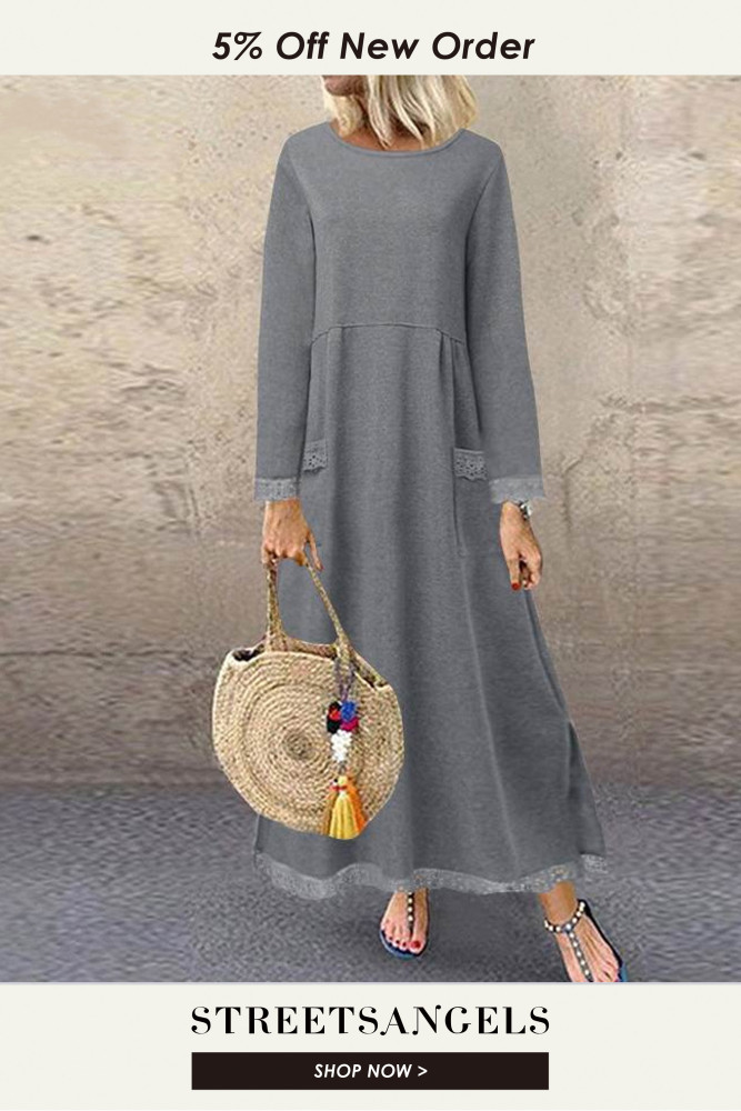 Fashion Lace Fleece Casual Vintage A-Line  Maxi Dress