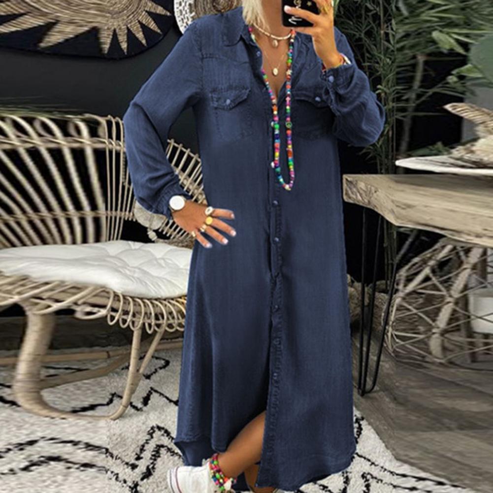 Original Loose Denim Contrast Color Round-Neck Long Sleeves Midi Dress main image 1