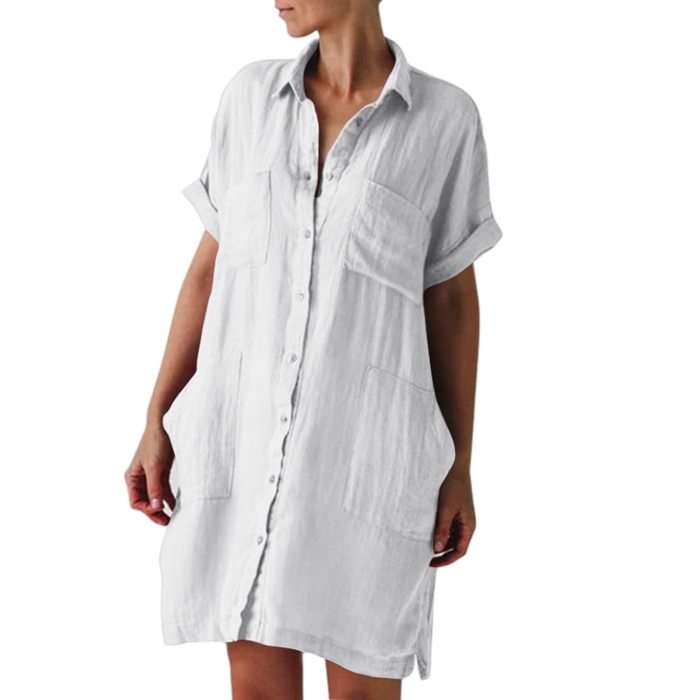 Fashion Cotton Linen Short Sleeve Irregular V Neck  Casual Dress