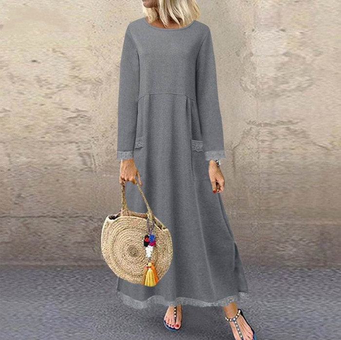 Fashion Lace Fleece Casual Vintage A-Line  Maxi Dress