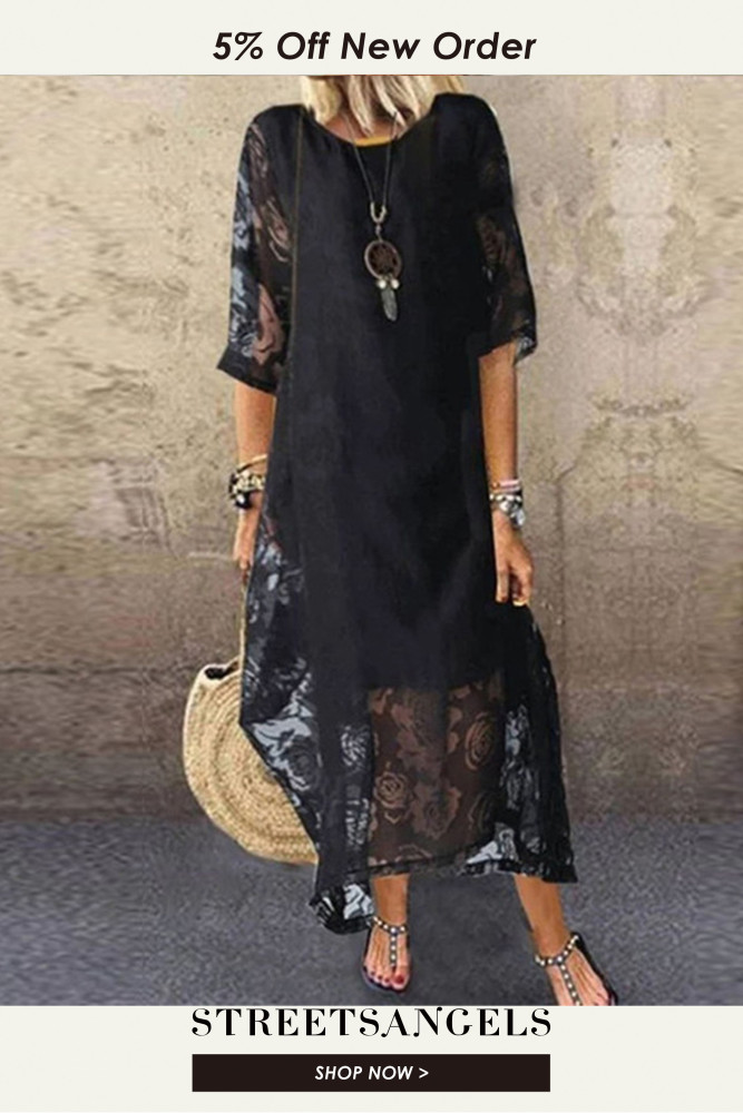 Solid Color Fashion Lace Hollow Floral Casual Loose Party  Maxi Dress