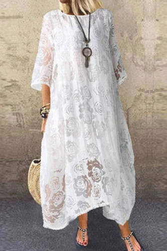 Solid Color Fashion Lace Hollow Floral Casual Loose Party  Maxi Dress