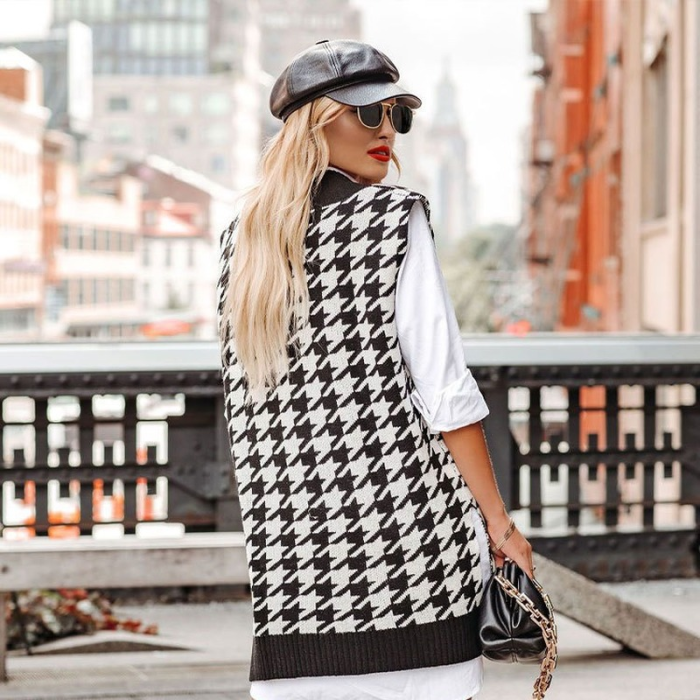 Women's Fashion New Houndstooth V-neck Loose Sweater Vests
