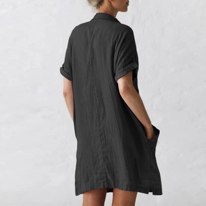 Fashion Cotton Linen Short Sleeve Irregular V Neck  Casual Dress