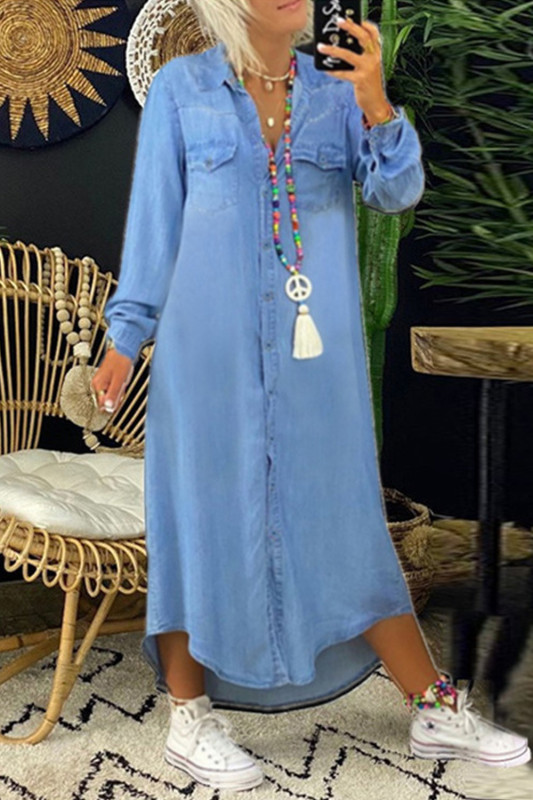 Fashion Solid Color Retro Lapel Loose Denim  Midi Dress