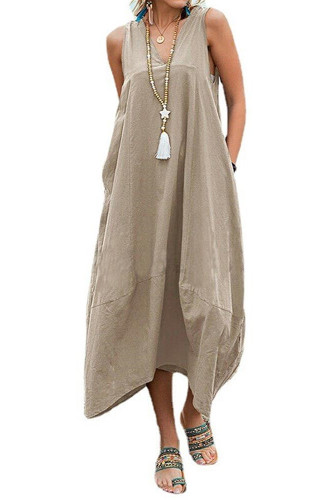 Fashionable Sexy V-Neck Loose Boho Solid Color Sleeveless  Maxi Dress