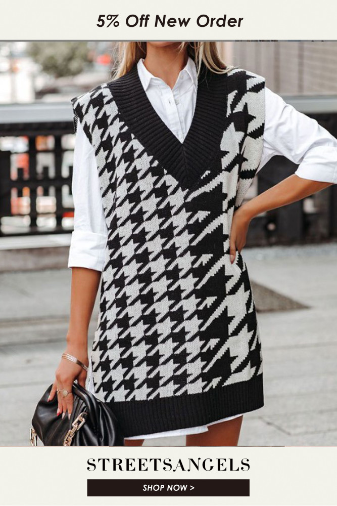 Women's Fashion New Houndstooth V-neck Loose Sweater Vests