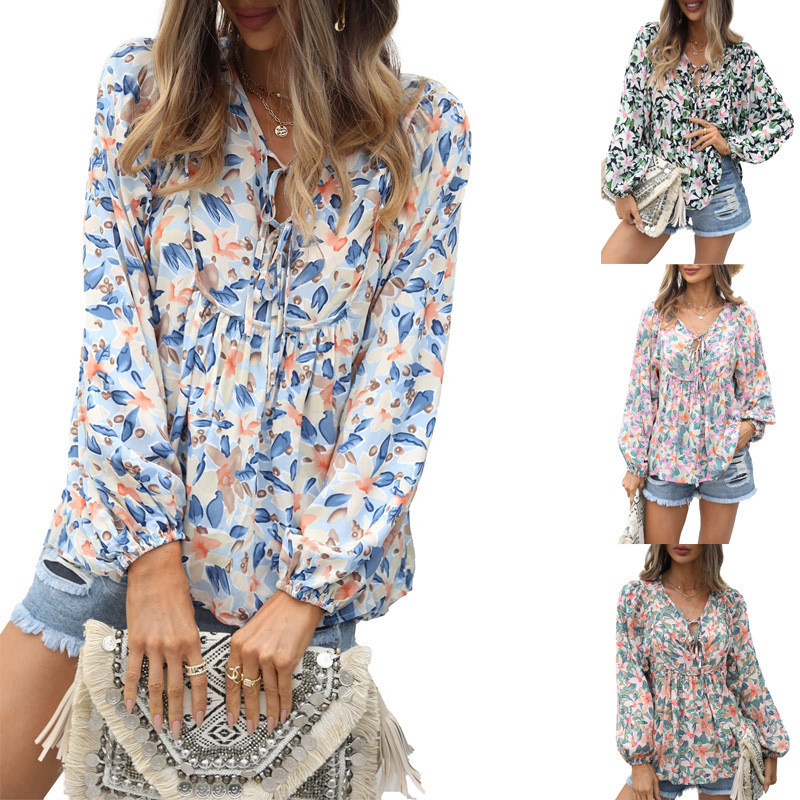 Fashion Print V Neck Floral Casual Boho  Blouses