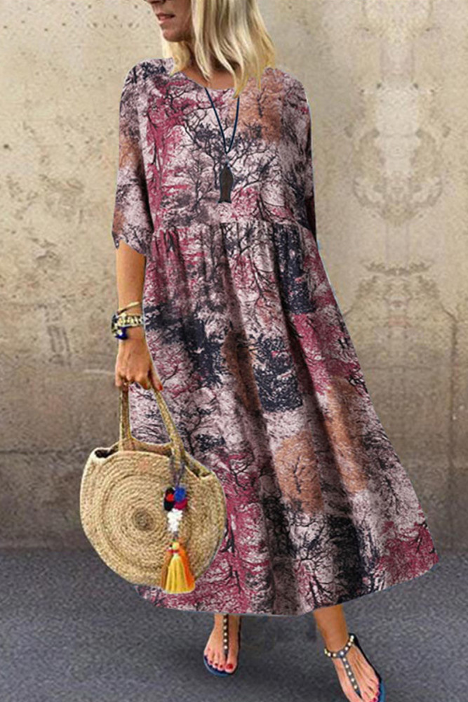 Vintage Floral Casual Fashion Half Sleeve Elegant Loose A-Line  Maxi Dress