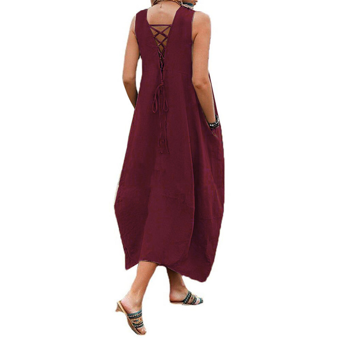 Fashionable Sexy V-Neck Loose Boho Solid Color Sleeveless  Maxi Dress