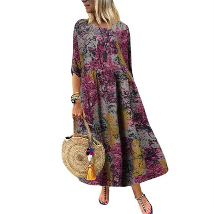 Vintage Floral Casual Fashion Half Sleeve Elegant Loose A-Line  Maxi Dress