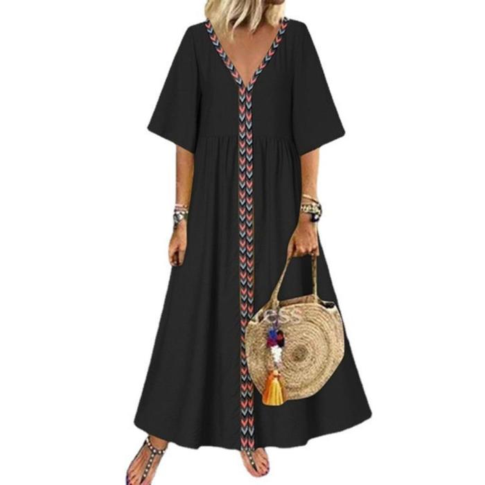 Fashion Solid Color Stitching Casual V-Neck Loose Maxi Dress
