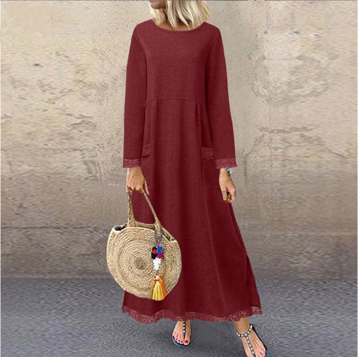 Fashion Lace Fleece Casual Vintage A-Line  Maxi Dress