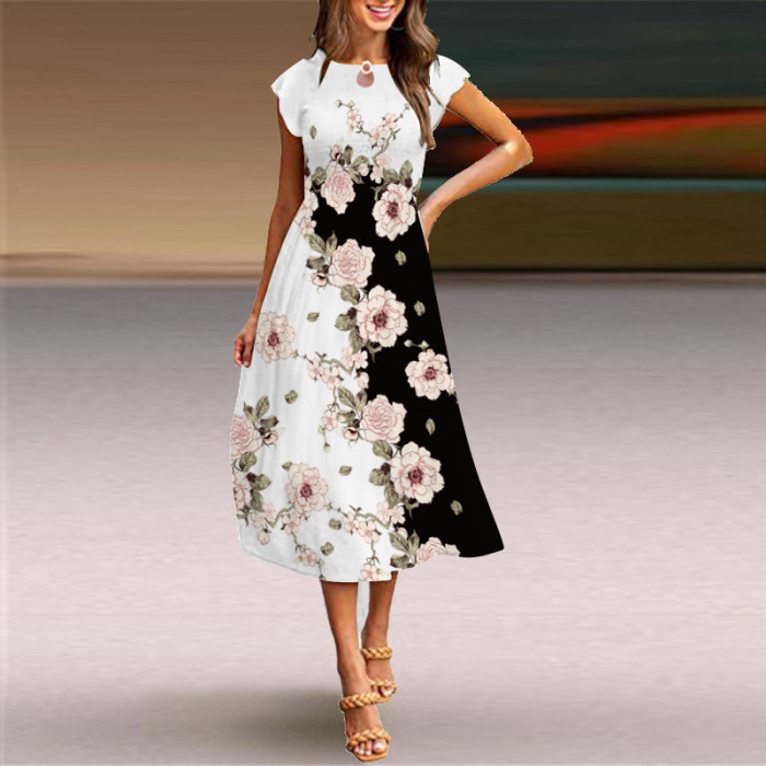 Women's Short Sleeve Fashion Print Crew Neck Boho  Midi Dress