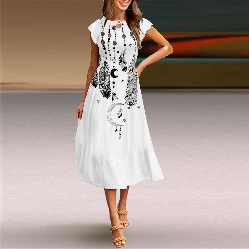 Fashion Sexy Short Sleeve Round Neck Print Vintage  Midi Dress