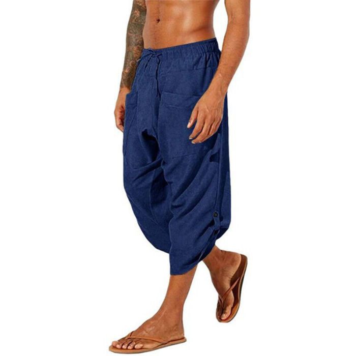 Men's Solid Color Retro Cotton Linen Casual Loose Cropped Pants