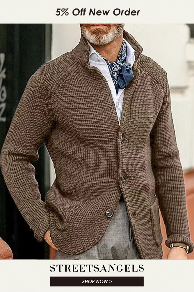 Stand Collar Knitted Coat Long Sleeve  Solid Color Thick Warm Casual Men's Outerwear