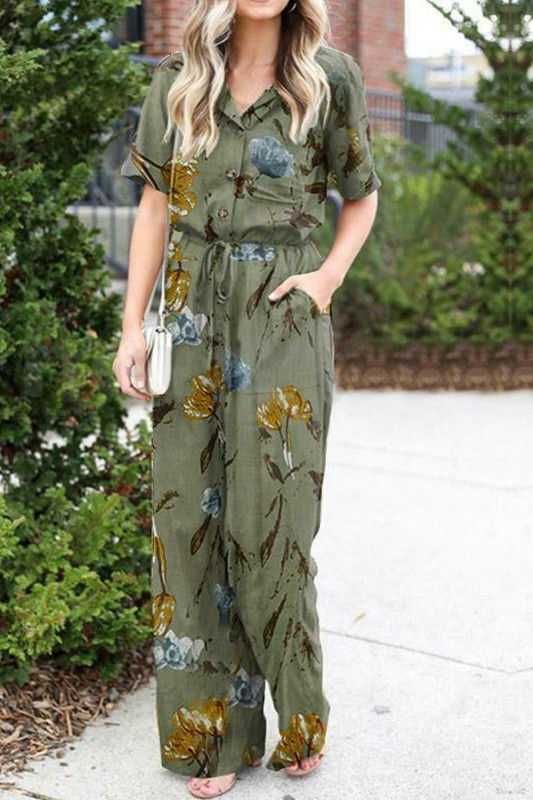 Floral Print Loose Fashion Casual Short Sleeve Tight Waist Jumpsuit