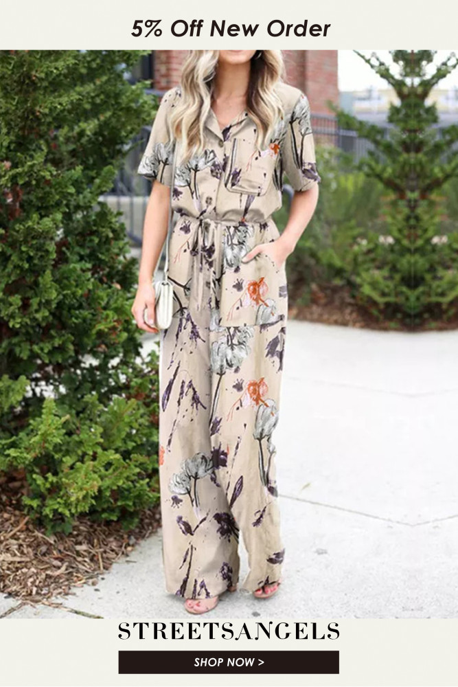 Floral Print Loose Fashion Casual Short Sleeve Tight Waist Jumpsuit