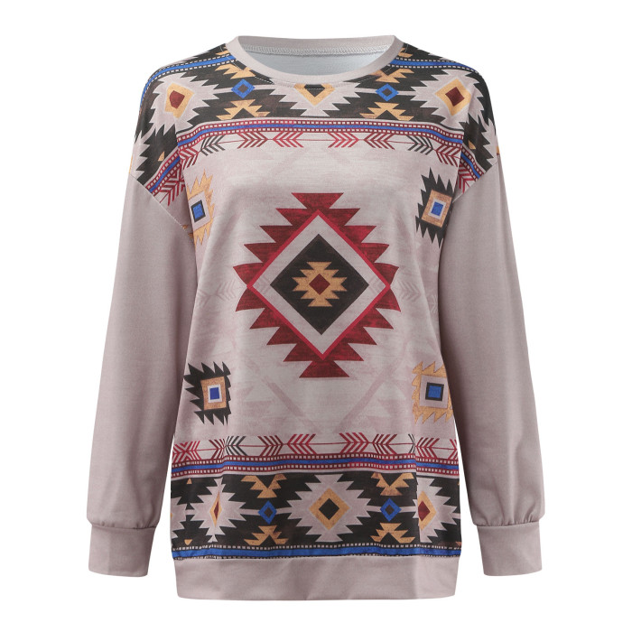 Ethnic Casual Print Crew Neck Long Sleeve Loose Top Sweatshirts