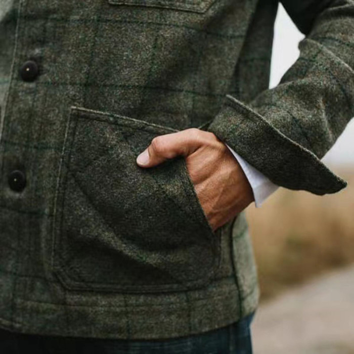 Vintage Fashion Plaid Long Sleeve Turn-down Collar Button Men's Outerwear