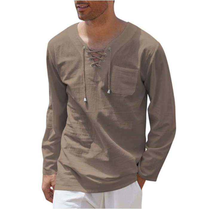 Men Casual Cotton Linen Solid Color Long Sleeves Tops Blouse V-Neck Men's Tops