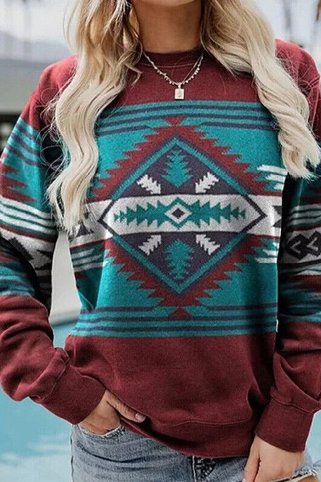 Ethnic Casual Print Crew Neck Long Sleeve Loose Top Sweatshirts
