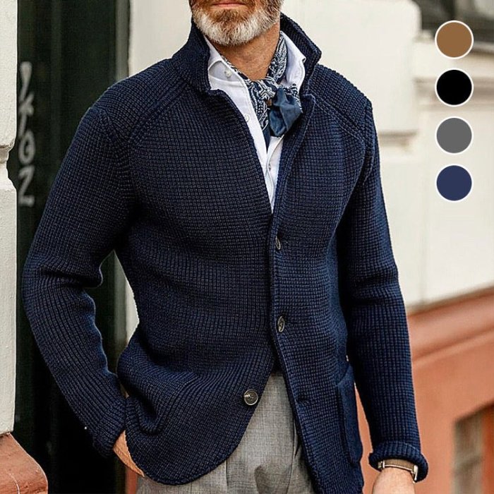 Stand Collar Knitted Coat Long Sleeve Solid Color Thick Warm Casual Men ...