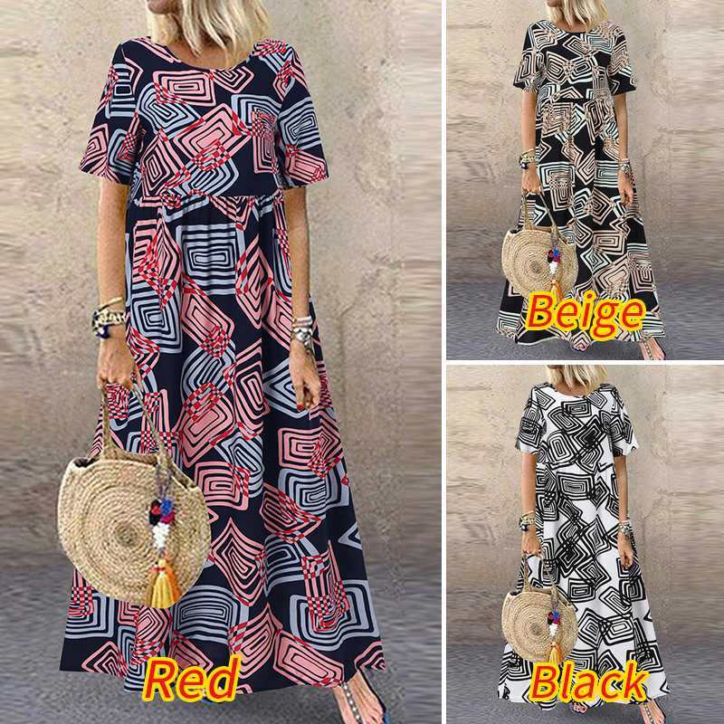 Boho Print Casual Short Sleeve O Neck  Maxi Dress