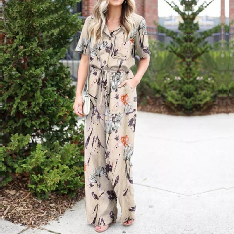 Floral Print Loose Fashion Casual Short Sleeve Tight Waist Jumpsuit